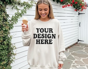 Gildan 18000 Sand Sweatshirt Mockup, Sweater Mockup, Crewneck Mockup, Neutral Sand Hoodie Mock, Gildan 18000 Sand Tee Casual Sand Sweatshirt