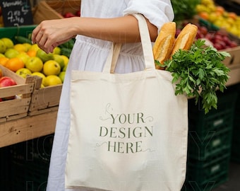 Tote Bag Mockup, Natural High Quality Lifestyle Shopping Bag Mock-up, Aesthetic Boho Style Model Mock, Blank Tote Bag, Cotton Beige Liberty