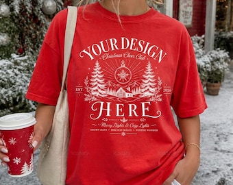 Red Comfort Colors C1717 Winter Mockup, C1717 T-Shirt Christmas Mockup
