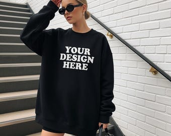 Gildan 18000 Black Sweatshirt Mockup, G180 Streetwear Crewneck Black Sweater Mock Up, G18000 Trendy Street Style Outdoor Mockup Lifestyle