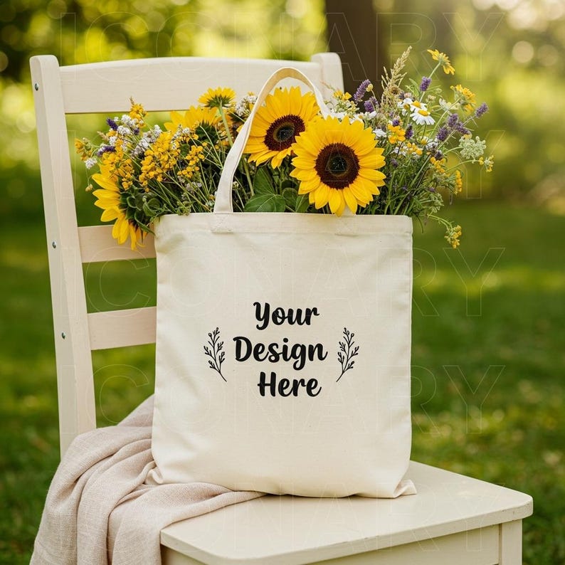 May include: A white canvas tote bag with black handles and the text "Your Design Here" printed on the front. The bag is filled with a bouquet of yellow sunflowers and other wildflowers.