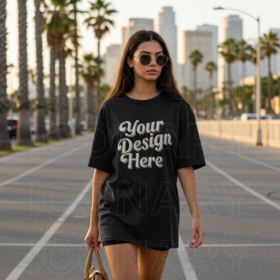 Bella Canvas 3001 Black TShirt Mockup Girl Urban Walking Mockup T shirt Mockup For Women | Black Female Shirt Mock up Bella Canvas Mockup