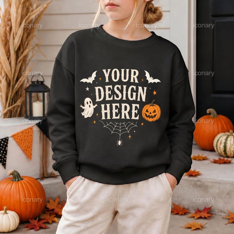 Gildan 18000B Kids Black Sweatshirt Mockup: Halloween Shirt