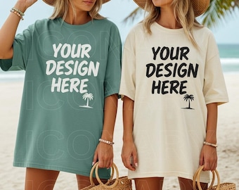 Maqueta de camisa Comfort Colors C1717 color marfil / Maqueta de camiseta extragrande del grupo Seafoam / Maqueta de camiseta doble / Maquetas de parejas / Playa de verano