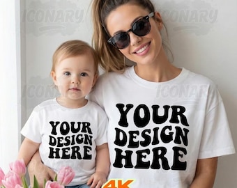 Mutter weißes Hemd Mama Baby Kinder Familie Mockup, weißes Bella Canvas 3001 T-Shirt trendiges Muttertagsthema Mockup, weißes Rundhals-T-Shirt