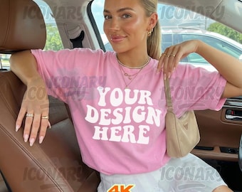 Blossom Comfort Colors C1717 Blossom TShirt Mockup, Car Selfie C1717 Blossom Shirt Mock-up, Blossom Tee Mockups, Trendy Woman T-Shirt Mockup