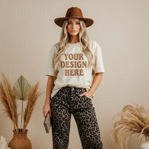 Comfort Colors 1717 Ivory Shirt Mockup Coastal Cowgirl Hat C1717 Trendy Western Oversized Tshirt Retro Neutral Beige Boho Aesthetic Mockups