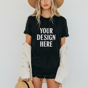 Gildan 64000 Black Tshirt Mockup | Long G640 Black T-shirt Mockup | Model Mock | Simple Styled Trendy Spring Summer Boho Aesthetic