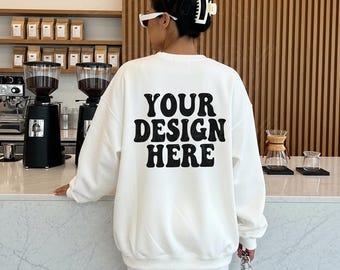 Gildan 18000 White Mockup, Back of Sweatshirt Mockup White Gildan, Trendy Model Lifestyle Mockup, VSCO Aesthetic, Streetwear Mockup 18000