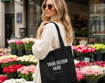 Black Tote Bag Mockup - Lifestyle Mockup, Canvas Tote Bag Mock, Print on Demand Mock, Black Canvas Tote Bag Mockup, Black Tote Bag Mock