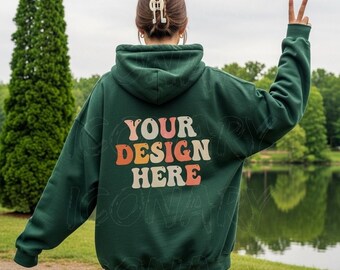 Maqueta de sudadera Gildan 18500 verde bosque, maqueta de la parte trasera de una sudadera con capucha, Gildan 18500 verde bosque, modelo 18500 verde bosque, maqueta de sudadera con capucha verde extragrande