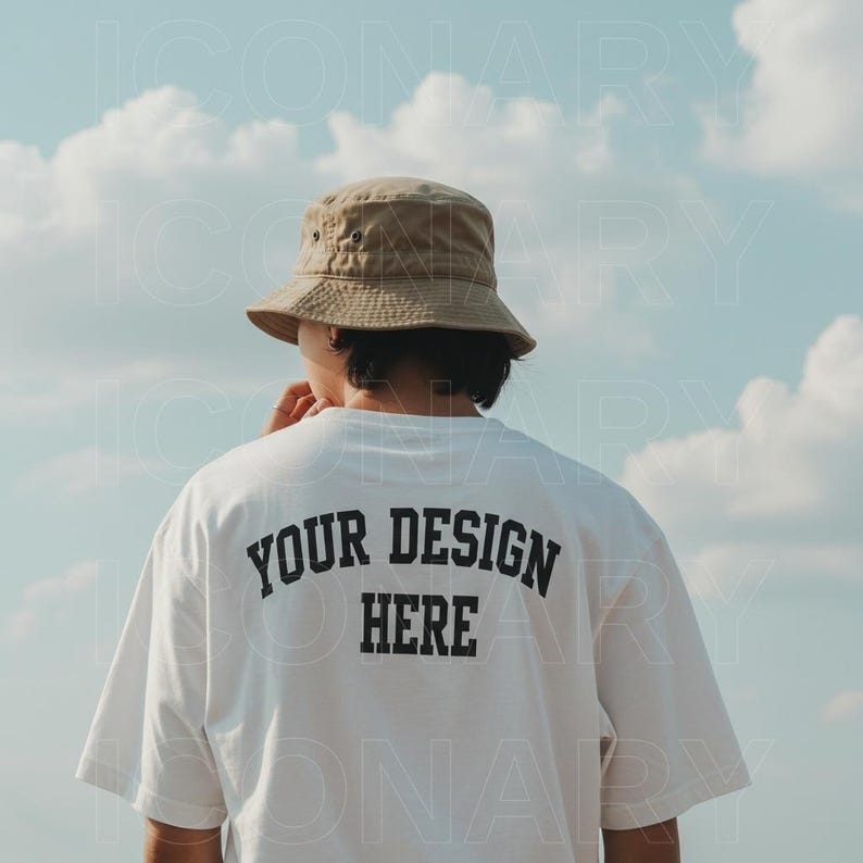 Peut inclure: Un t-shirt blanc avec le texte "YOUR DESIGN HERE" imprim&eacute; au dos. La personne porte un chapeau de p&ecirc;cheur beige et se tient devant un ciel bleu avec des nuages blancs.