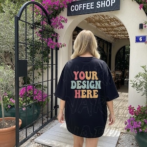 Black Comfort Colors 1717 Back View Woman Model Mockup Black Comfort colors 1717 T-shirt mock back side Aesthetic mock Female C1717 mock