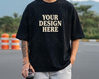 Black Bella Canvas 3001 Mockup, T-Shirt Mockup, Male Model Mockup, 3001 Man T-shirt Mockup, Lifestyle Mockup, Black Tee Mockup Outdoor