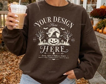 Dark Chocolate Gildan 18000 Fall Mockup, G180 Sweatshirt Halloween Mockup (Digital Download)