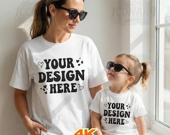 Mommy and me Mockup, Family Tshirt mockup, White shirt Mom girl Kids Family Mockup, White Bella Canvas 3001 T-shirt, Mama and mini Tshirt
