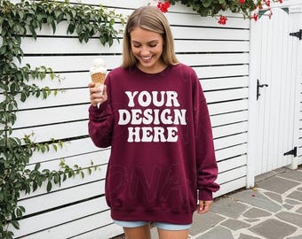 Maroon Color Sweatshirt Mockup, Gildan 18000 Maroon, Dark Red Crew neck Mockup, Trendy Model Lifestyle Maroon Street Sweatshirt Mockup 18000
