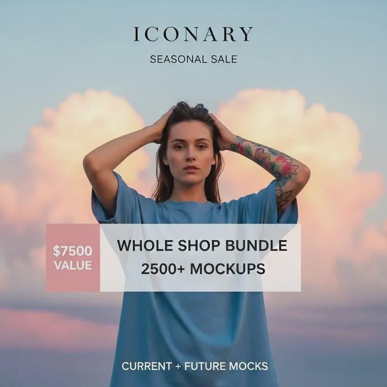 May include: A woman wearing a blue t-shirt with the text "WHOLE SHOP BUNDLE 2500+ MOCKUPS". The image also includes the text "ICONARY SEASONAL SALE" and "CURRENT + FUTURE MOCKS".