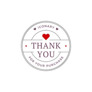 May include: A circular sticker with the text "THANK YOU" in a purple font, with a red heart above the text. The sticker also includes the text "ICONARY" and "FOR YOUR PURCHASE" in a circular design.
