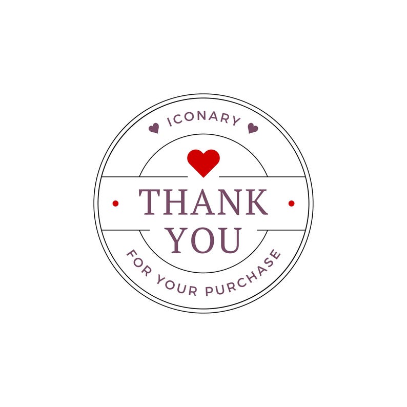 May include: A circular sticker with the text "THANK YOU" in a purple font, with a red heart above the text. The sticker also includes the text "ICONARY" and "FOR YOUR PURCHASE" in a circular design.