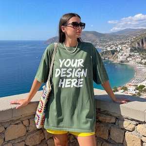 Comfort Colors C1717 Moss Shirt Mockup, CC1717 Moss Beach T-Shirt Mockup, Graphic Tee Mockup, Beach Shirt Mockup, Woman Model Beach Mockup