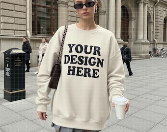 Gildan 18000 Sand Sweatshirt Mockup, Sweater Mockup, Crewneck Mockup, Neutral Sand Hoodie Mock, Gildan 18000 Sand Tee Casual Sand Sweatshirt