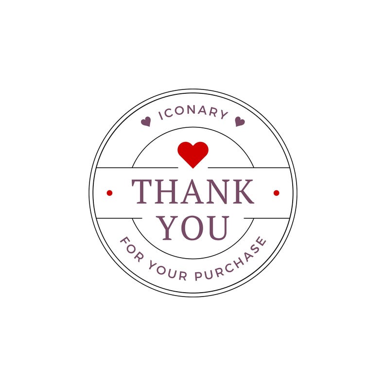 Op de afbeelding: Een rond stickerontwerp met de tekst ICONARY bovenaan, een rood hart in het midden en de woorden THANK YOU FOR YOUR PURCHASE in donkerpaarse letters. Het ontwerp bevat dunne cirkelvormige randen en kleine hartvormige accenten.