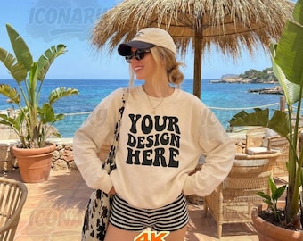 Gildan Sand 18000 Mockup | Beach Mockup Gildan 18000 Sand | 18000 Sand Mockup | Front G180 Mockup Aesthetic Outdoors Summer Mockup Trendy