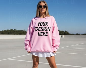 Gildan 18000 Light Pink Sweatshirt Mockup, G180 Mockup, Gildan 18000 Model Mockup, Summer Mockup, Trendy Sweatshirt, Pink Crewneck Mock
