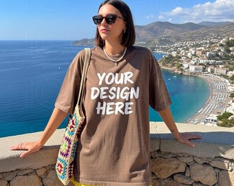 Espresso Comfort Colors 1717 TShirt Mockup, C1717 Espresso Shirt Mock-up, Trendy Boho Summer Woman Brown Tee Mockup, POD Tee Mockup Stylish