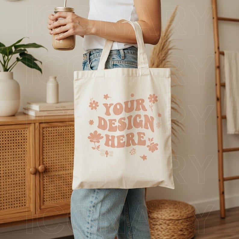 Peut inclure: Un sac fourre-tout en toile blanche avec des motifs floraux roses et le texte "YOUR DESIGN HERE" dans une police r&eacute;tro.