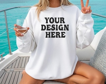 Gildan Sweatshirt Mockup - Oversized White Sweatshirt - Beach Mockup - Trendy Mockup - Gildan 18000 White Sweater Mock Up - Lifestyle Summer