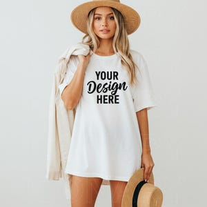 Gildan 64000 White Tshirt Mockup | Long G640 White T-shirt Mock-up | Blonde Model Mock | Simple Styled Trendy Spring Summer Boho Aesthetic