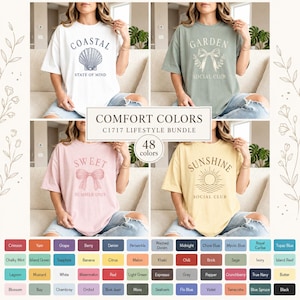 May include: Four t-shirts in white, sage green, pink, and yellow, each with a different graphic and text. The white shirt says "COASTAL" with a seashell. The sage shirt says "GARDEN". The pink shirt says "SWEET". The yellow shirt says "SUNSHINE".