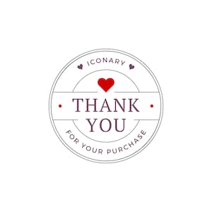 May include: A circular sticker with the text "THANK YOU" in a purple font, with a red heart above the text. The words "FOR YOUR PURCHASE" are written in a curved font at the bottom of the circle. The word "ICONARY" is written at the top of the circle.