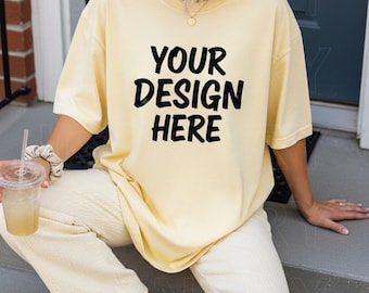 Butter Comfort Colors 1717 TShirt Mockup, CC1717 Butter Shirt Mockup, C1717 Yellow T-Shirt Mock-up, Trendy Woman Oversized Summer Tee Mockup