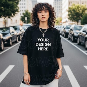 Comfort Colors C1717 Black Shirt Mockup, CC1717 Black T-Shirt Mockup, Graphic Tee Mockup, Black Shirt Mockup, Woman Model Street Style Mock
