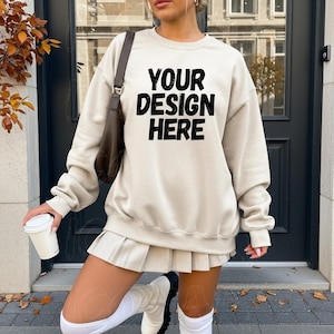 Gildan 18000 Sand Sweatshirt Mockup G180 Sand Crewneck Mockup Modern Trendy Mockup 18000 Sand Sweater Mockup Fall Mockup Gildan 18000 Mockup