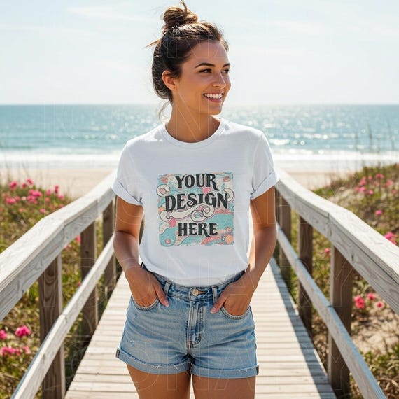 Bella Canvas 3001 White T-Shirt Summer Mockup, Beach Inspired Mockup, Professional Summer Shirt Mockup For Branding BC 3001 Mockup