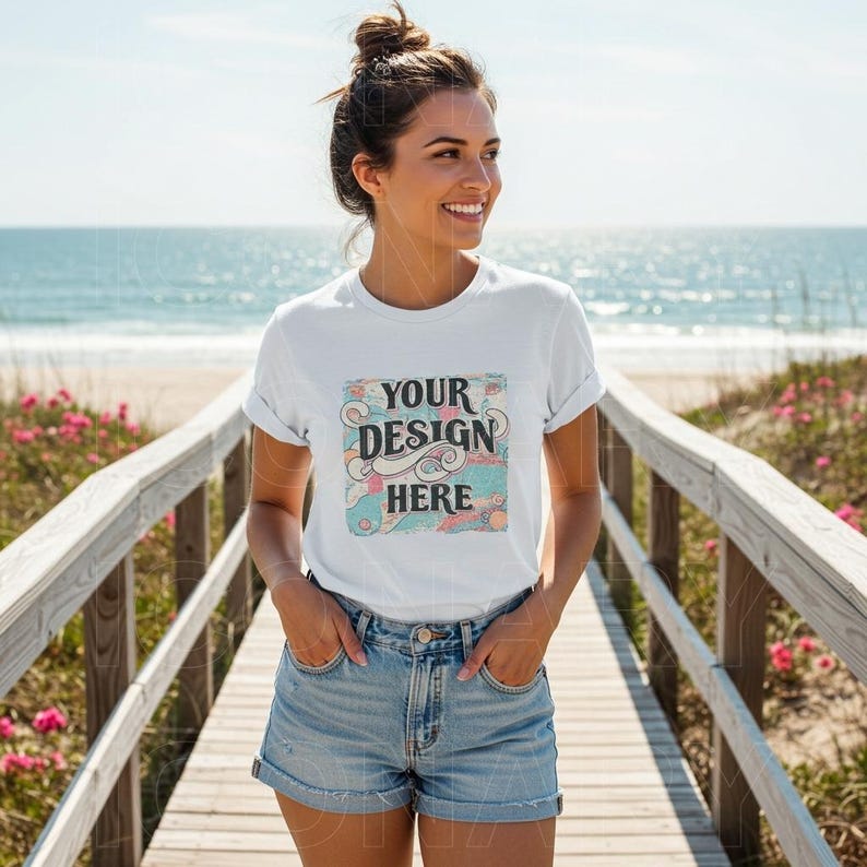 May include: A woman wearing a white t-shirt with the text "YOUR DESIGN HERE" printed on it. The shirt has a colorful, abstract design around the text. She is standing on a wooden walkway with a beach in the background.