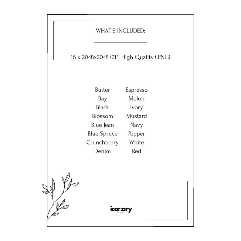 May include: A white graphic with the text "WHAT'S INCLUDED:" and a list of color names. The image includes the text "16 x 2048x2048 (21") High Quality (.PNG)" and the logo "icorxary".