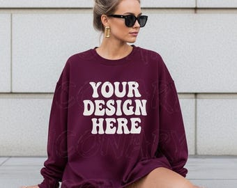 Maroon Color Sweatshirt Mockup, Gildan 18000 Maroon, Dark Red Crew neck Mockup, Boho Model Lifestyle Maroon Sweat Shirt Mock-up