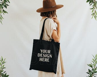 Mockup de bolsa preta, mockup de modelo de bolsa boho, mock-up de bolsa pendurada, mock-up de bolsa de compras, mockup de bolsa de lona de algodão sublimação SVG