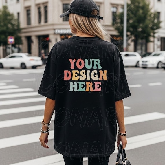 Black Comfort Colors 1717 Back View Woman Model Mockup Black Comfort colors 1717 T-shirt mock back side Aesthetic mock Female C1717 mock