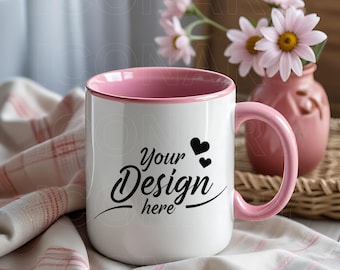 11oz Pink Two-Tone Mug Mockup, POD Mug Mockup, Sublimation Mug Mockup, Styled Flat Lay, Lifestyle Mockup, Digital Download, 11oz Blank Mugs