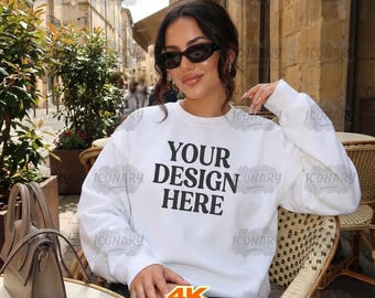 Gildan 18000 White Sweatshirt Mockup G180 White Crewneck Mock-up Mockup Sweatshirt Model Mockup Gildan White 18000 Sweatshirt Lifestyle Mock