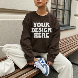 Gildan 18000 Dark Chocolate Mockup, G18000 Brown Crewneck Sweatshirt Mock-up, G18000 Fall Crewneck, Oversized Sweater Mockup, Cozy Fall Mock
