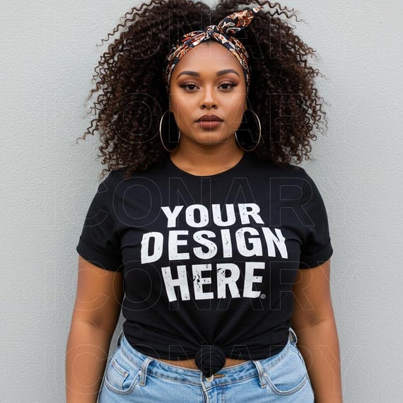 Plus Sized Black Woman T-Shirt Mockup, Naturally Curly Afro, Black Shirt Mockup, Black Woman Mockup, Black Model Mockup, African American
