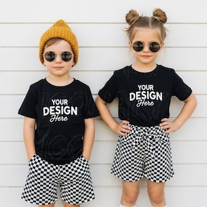 Mockup Tshirt 2 Kids Boy With Girl Models Black Shirts Mockup Children Friends Mockup Kids Mockup Brother Sister Siblings Matching Tee Mock