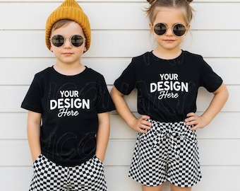 Mockup Tshirt 2 Kids Boy With Girl Models Black Shirts Mockup Children Friends Mockup Kids Mockup Brother Sister Siblings Matching Tee Mock